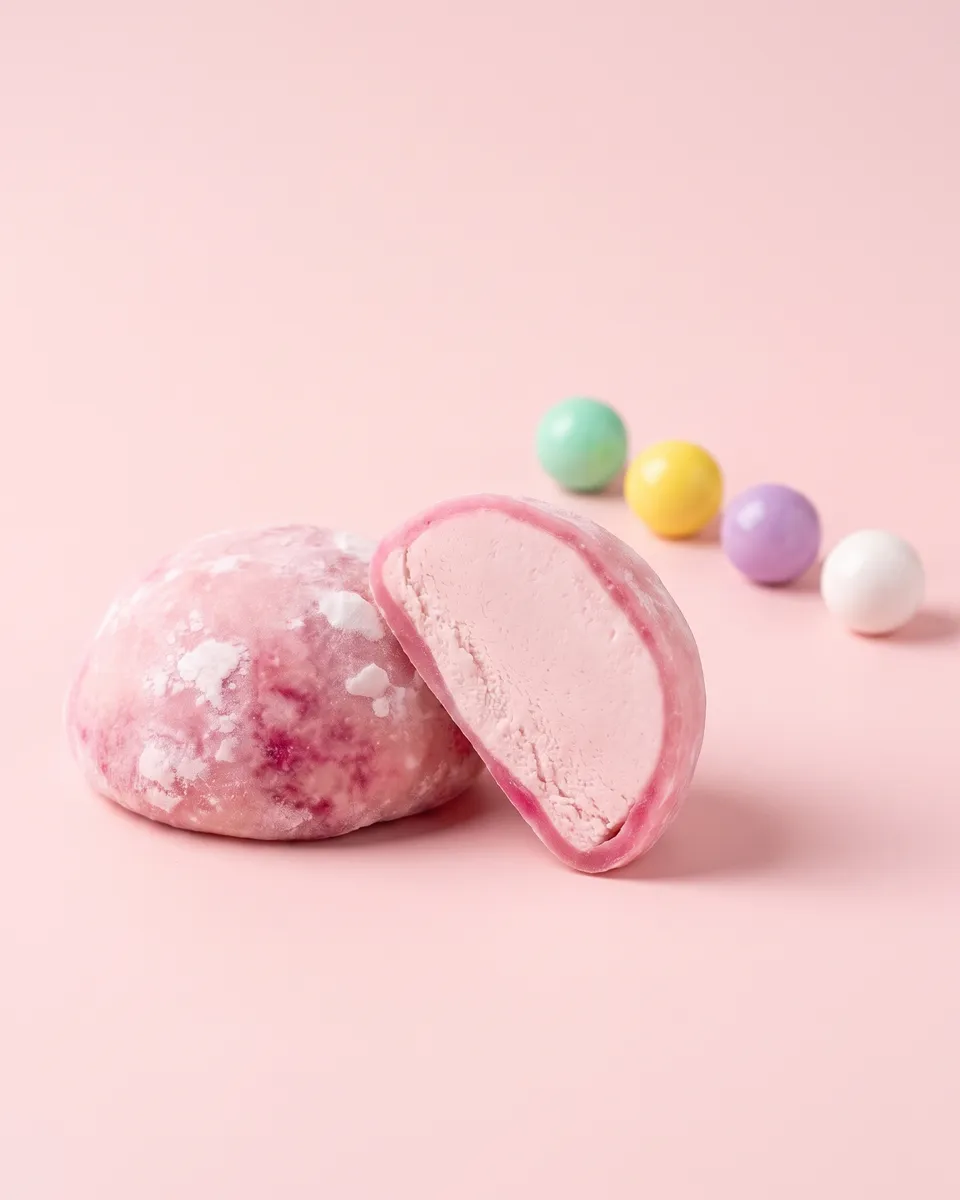 Jumbo Bubblegum mochi, whole and cut open