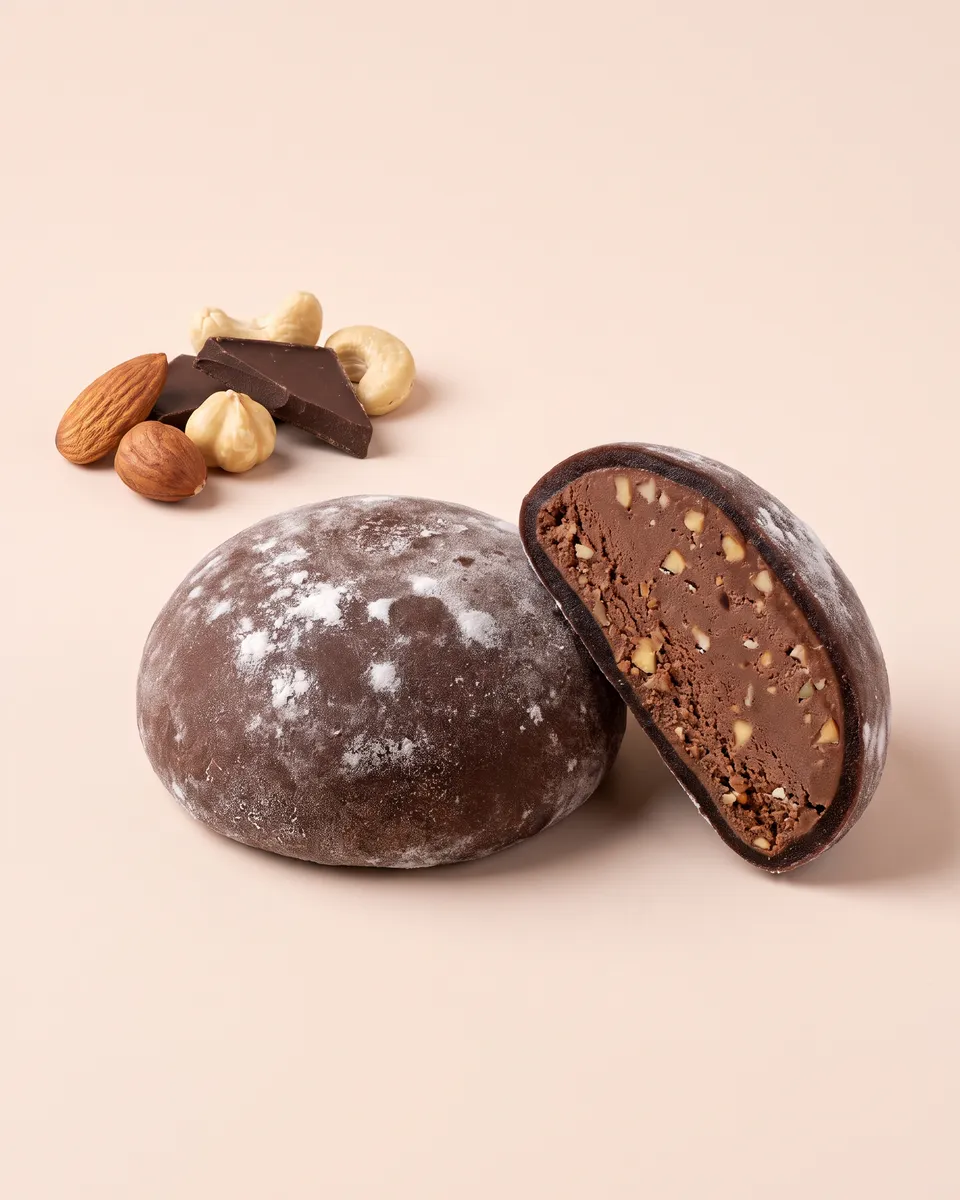Jumbo Chocolate Nuts mochi, whole and cut open