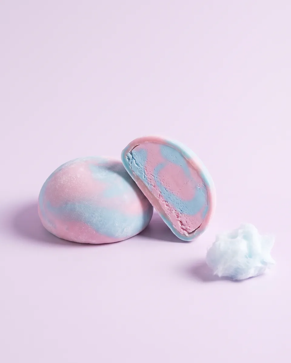 Jumbo Cotton Candy mochi, whole and cut open