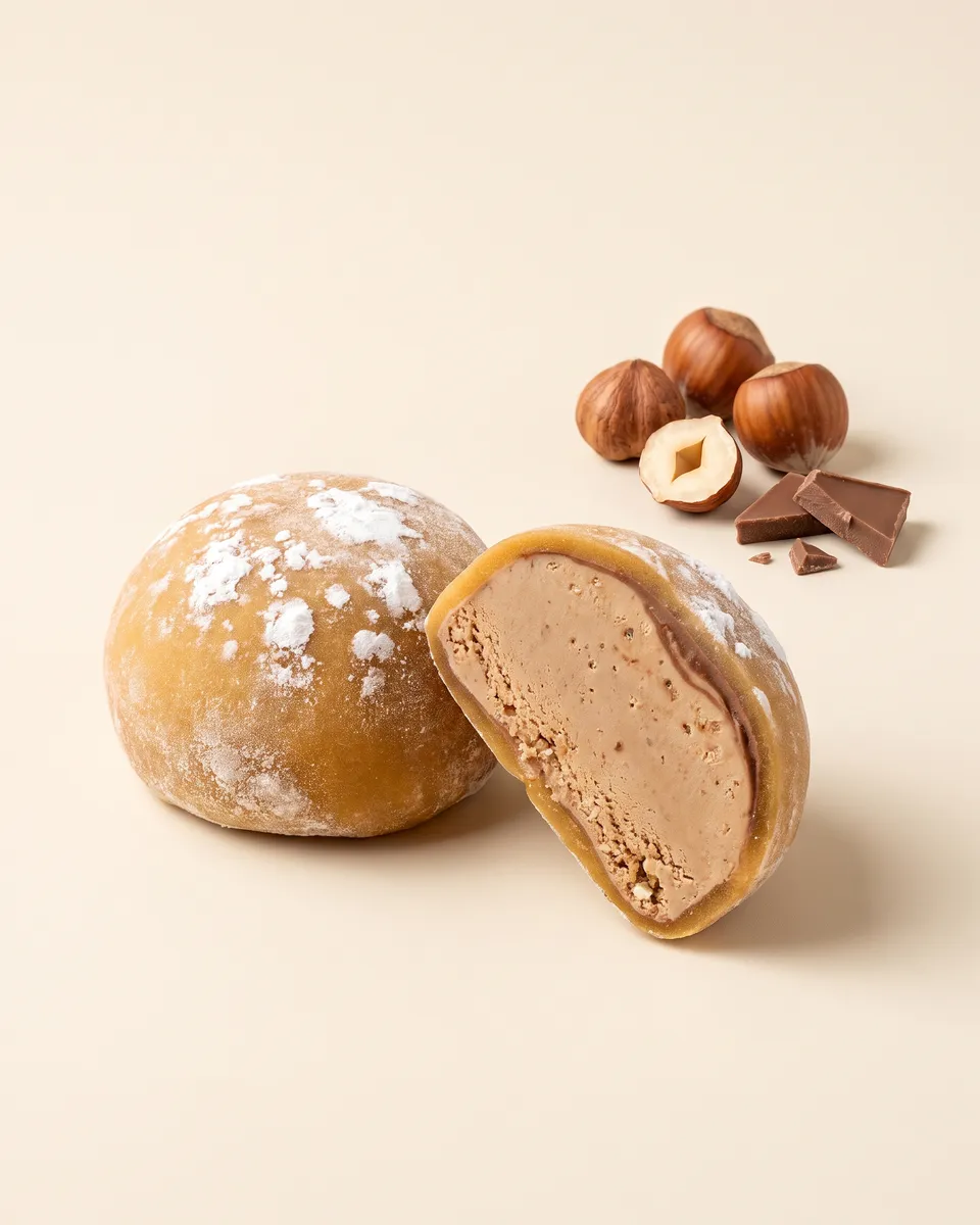 Jumbo Ferrero Rocher mochi, whole and cut open