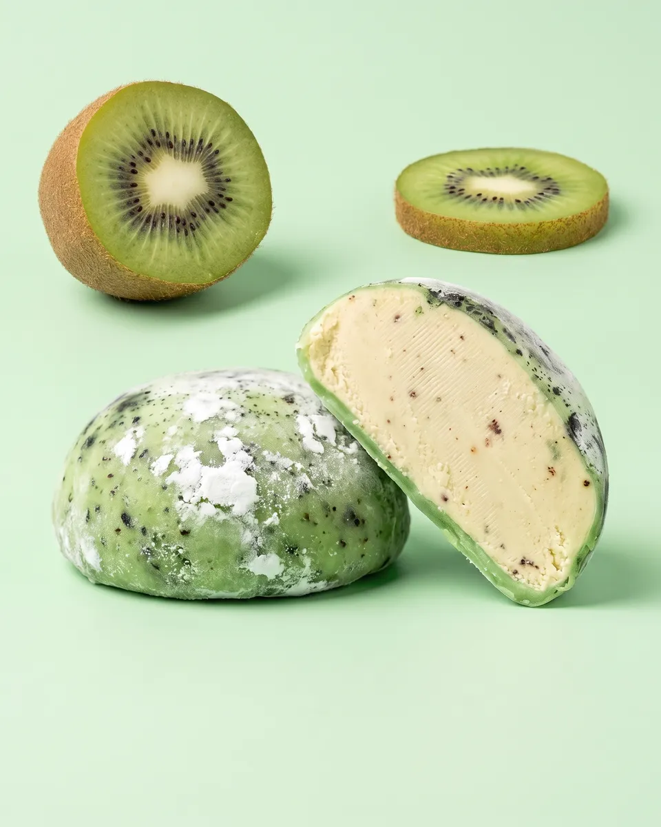 Jumbo Kiwi mochi, whole and cut open