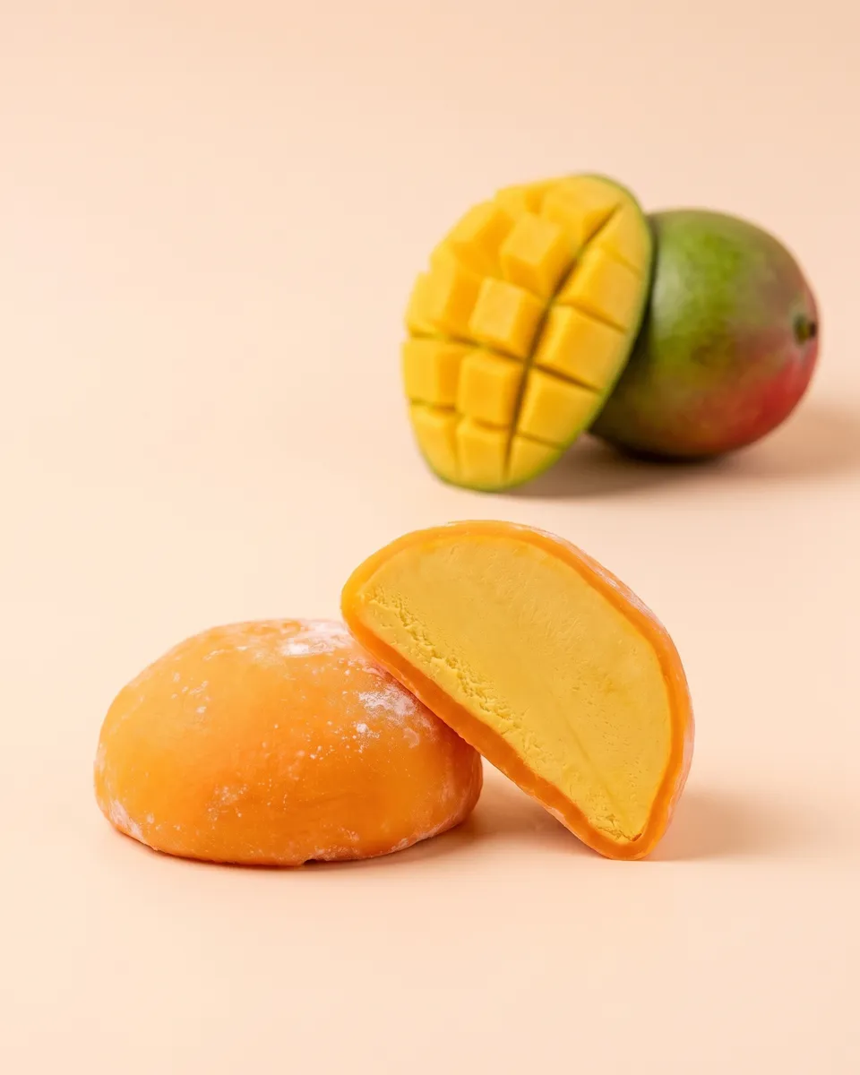 Jumbo Mango mochi, whole and cut open