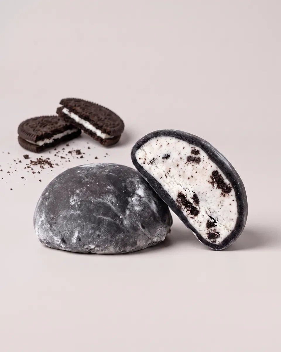Jumbo Oreo mochi, whole and cut open