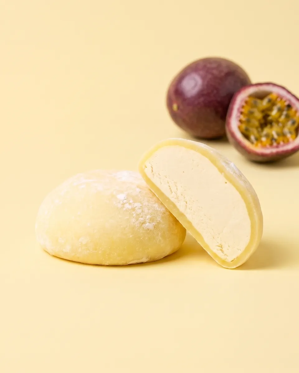 Jumbo Passion Fruit mochi, whole and cut open