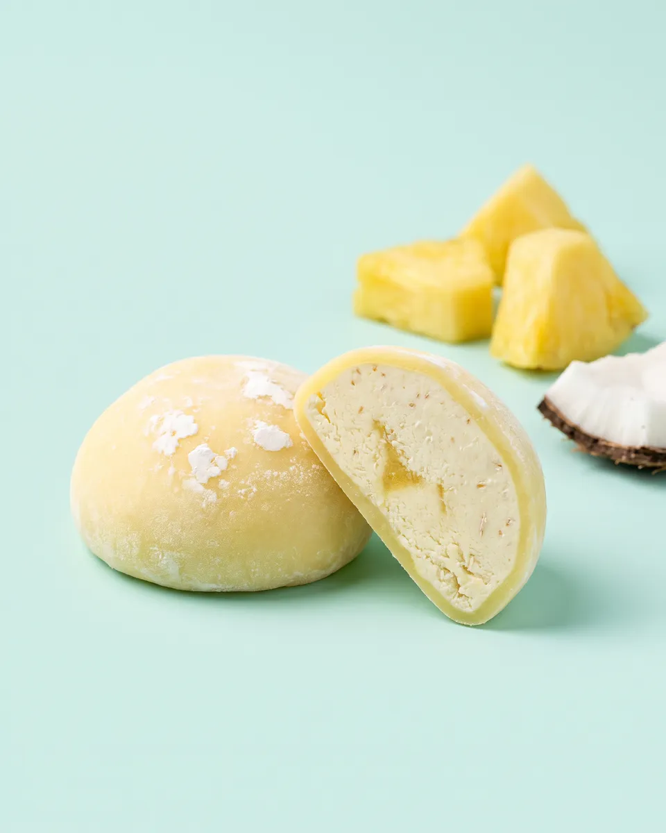 Jumbo Piña Colada mochi, whole and cut open