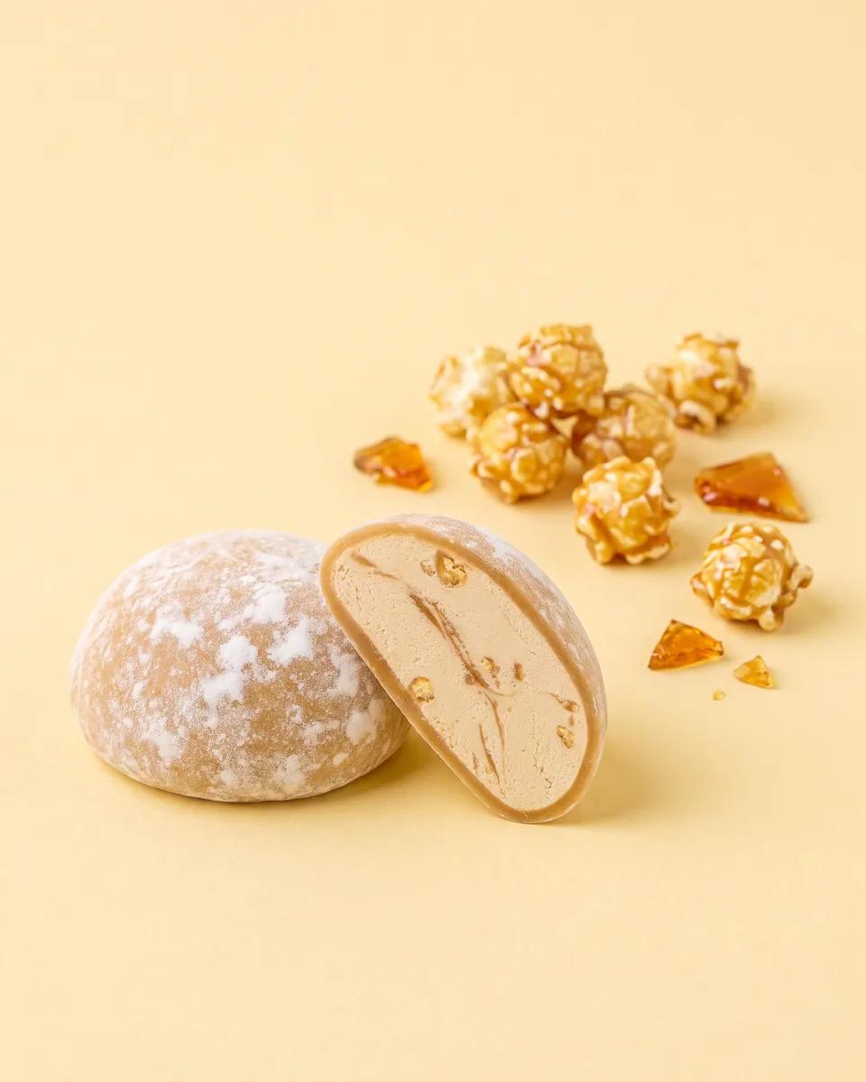 Jumbo Popcorn Caramel mochi, whole and cut open