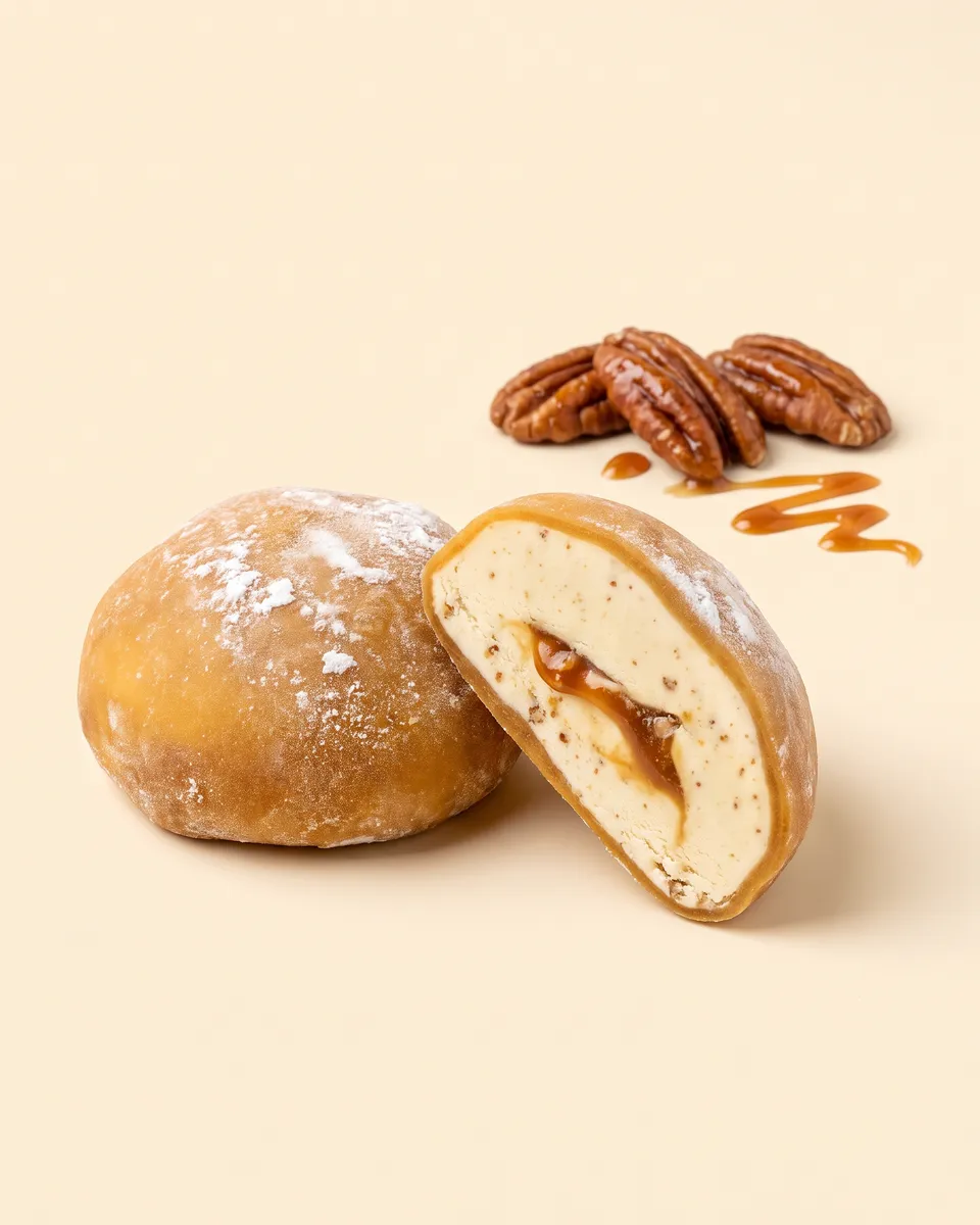 Jumbo Praline Pecan mochi, whole and cut open