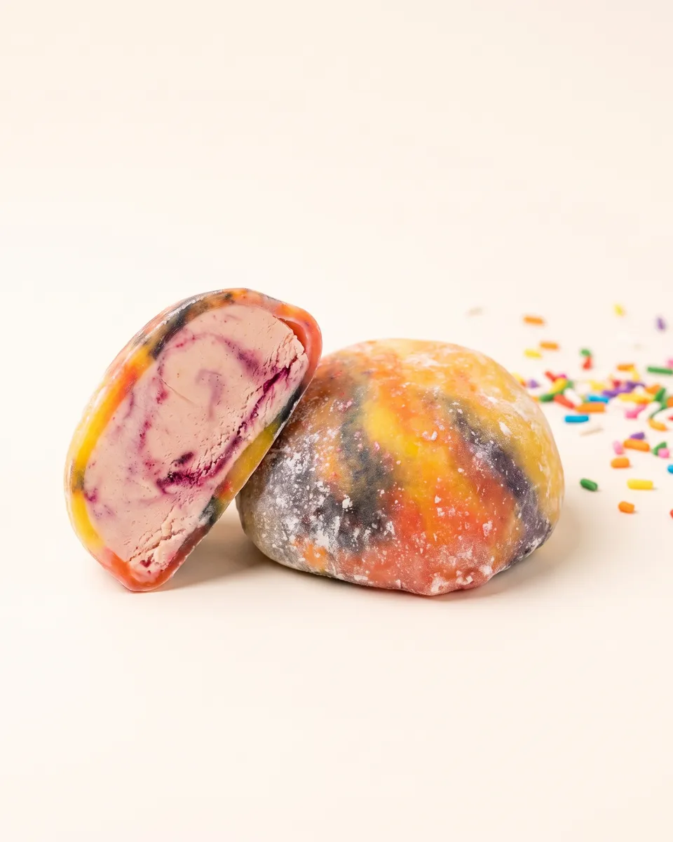 Jumbo Rainbow mochi, whole and cut open