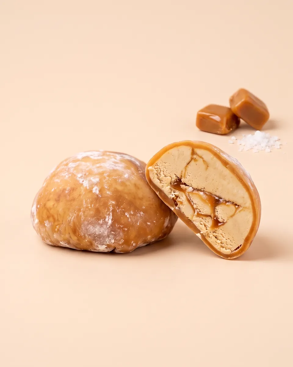 Jumbo Salted Caramel mochi, whole and cut open