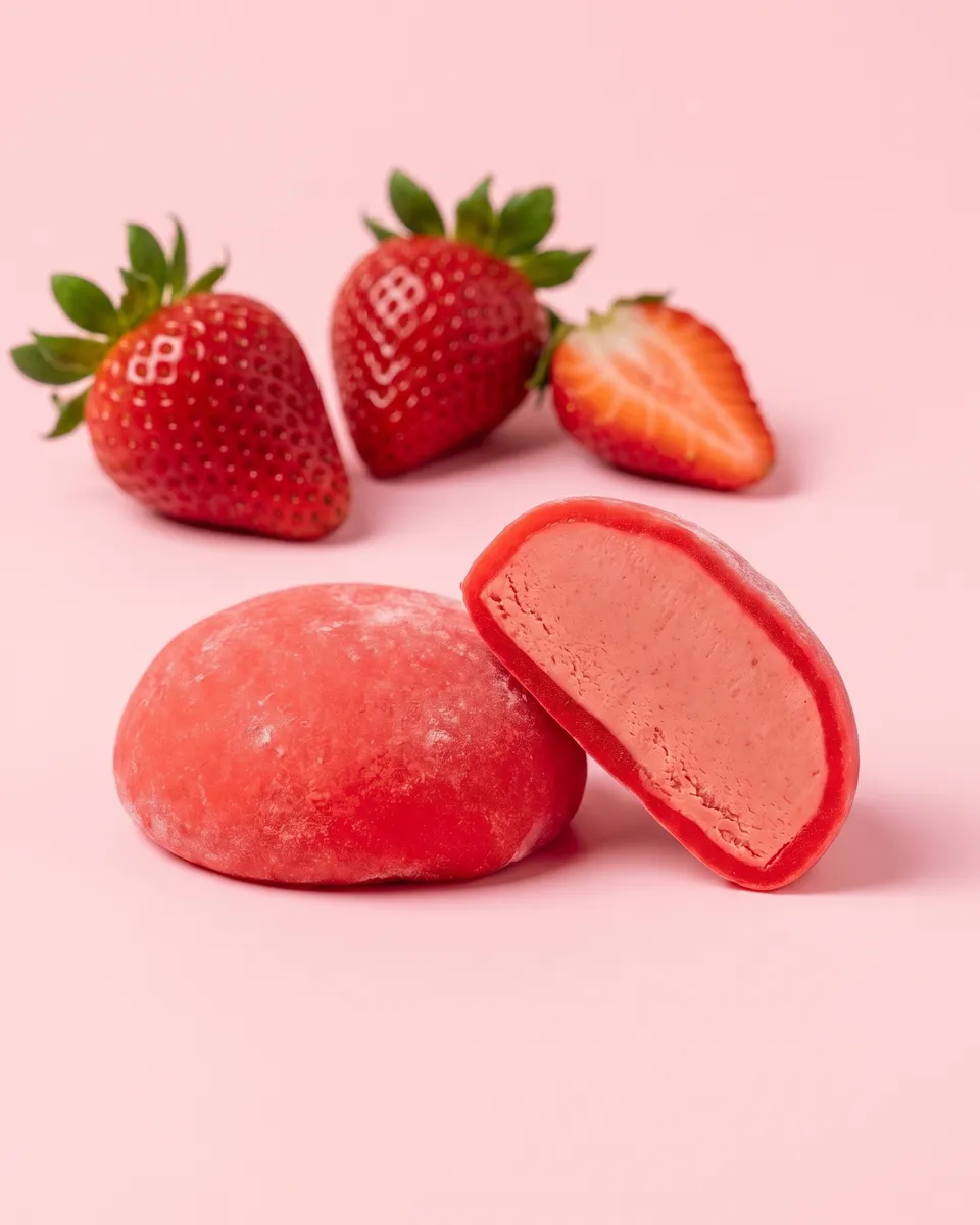 Jumbo Strawberry mochi, whole and cut open