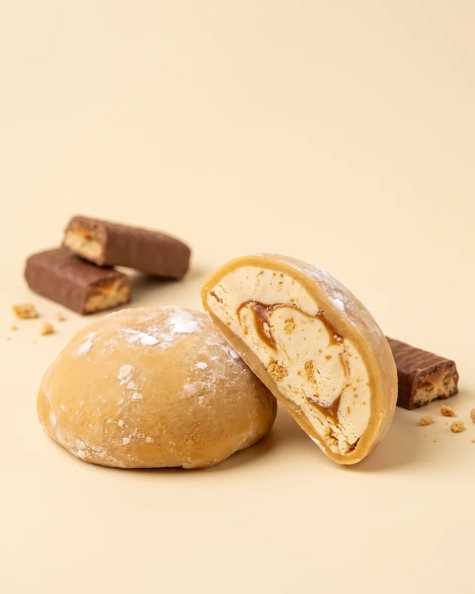 Jumbo Twix mochi, whole and cut open