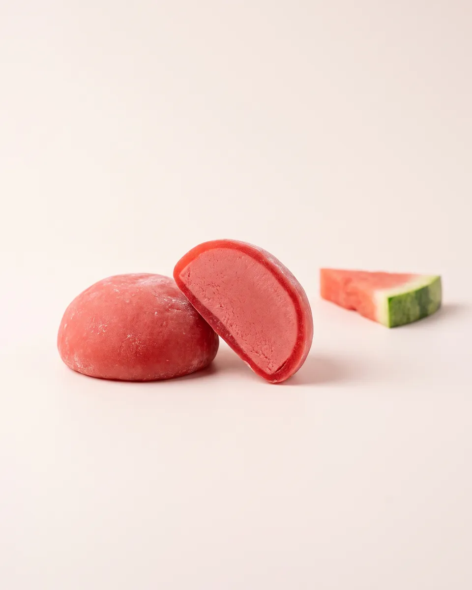 Jumbo Watermelon mochi, whole and cut open